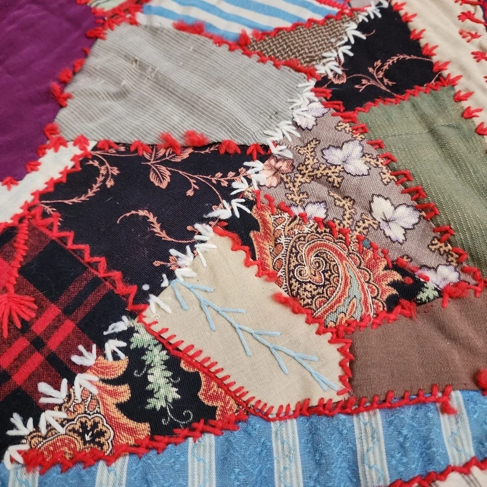ANTIQUE Crazy Quilt top hand swen cotton quilt top to‎ be finished 65in x 65in